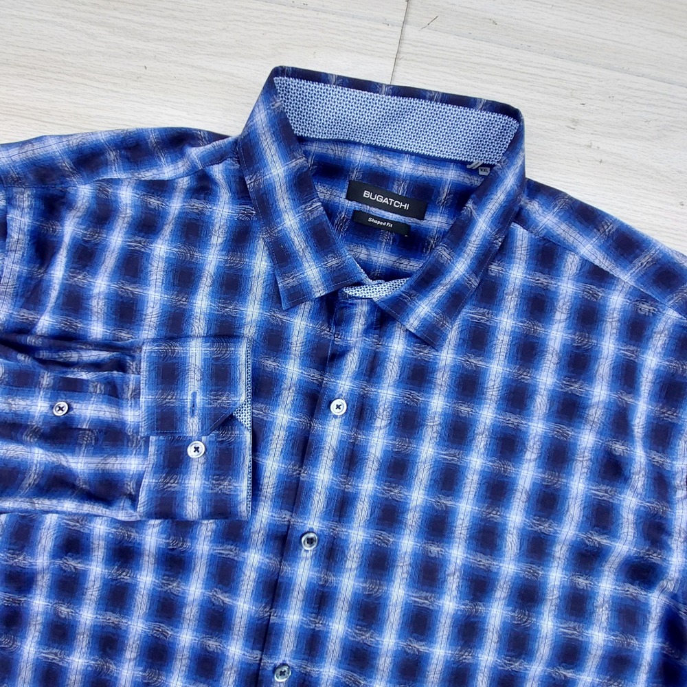 Bugatchi Shaped Fit Dress Shirt Mens XXL Flip Cuff Geometric‎ Plaid Button Up